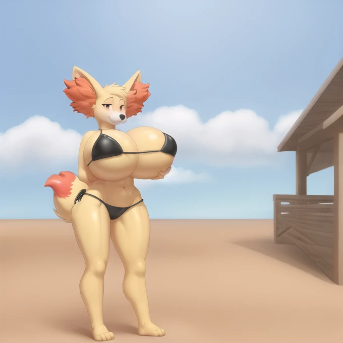 explicit content, 3d:0.4, hioshiru, female, solo, fennekin, beach setting, (bikini), big breasts, thick thighs, wide hips, big ass, inflatable, standing, three-quarter portrait, closeup
