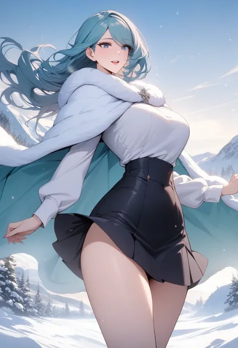 masterpiece, best quality, very aesthetic, absurdres, 1girl, mature_lady, ,Turquoise hairswept bangs,white_fur_cape, white_top, black_short_skirt,snow land,floating_hair