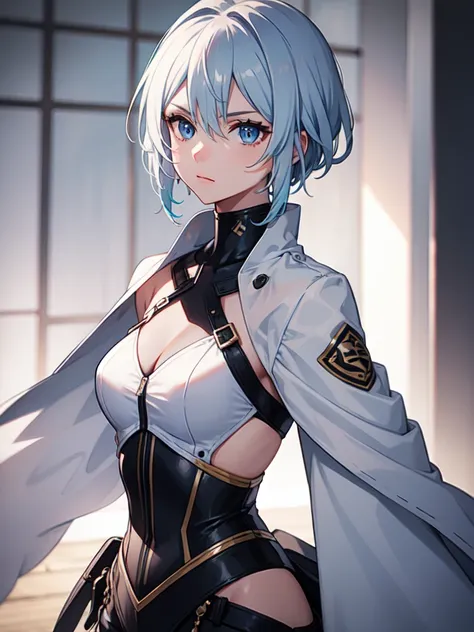 1 girl, white hair, sharp eyes, light blue eyes, bow, serious look, masterpiece, high quality, short hair, whit combat clothes