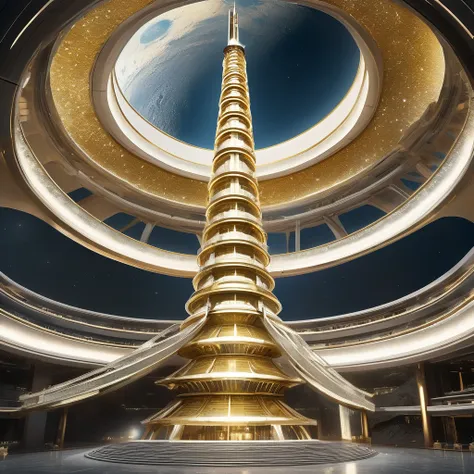 an iconic building on the moon, futuristic circular conical design with 5 floors crescent like a staircase, pure crystal, gold, ...