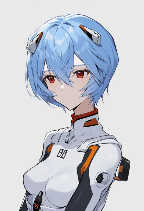 one girl, ayanami rei, alone, red eyes, plug suit, short hair, blue hair, chest, bodysuits, upper body, white background, white ...