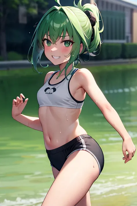 Green hair, folded ponytail, fine eyes, green eyes, masterpiece, sweat, soaked, best quality, hi-res, solo, wicked grin, ass facing you, running action and elegance, white sports short shorts, wet pants, white running shirt, wet shirt, sleeveless, braless,...