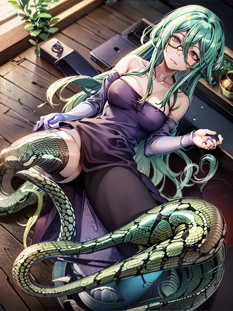 , snake lower body, green scales, jellyfish hair with snakes, purple eyes, tender, red glasses, White dress 