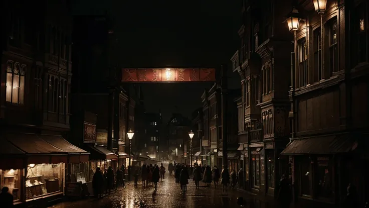 (located dramatical scenery on classic victorian era 1837)) london slum night market flea with cinematic feel red lantern lights...