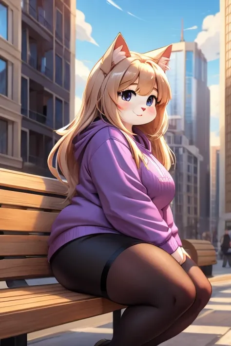 Make a furry cat girl, obese girl, fat legs, cute face, long hair, wearing a purple sweatshirt and black shorts and black tights sitting on a bench looking at Side, having a frappé behind a city 