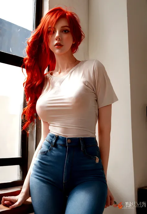 There is a woman with red hair standing at a window, wearing enges Shirt, enges Shirt, wearing a cute top, Wear tight, simple clothes, wear in shirt, wear a light shirt, better known as amouranth, touching her clothes, wear a shirt and a jean, amouranth, n...