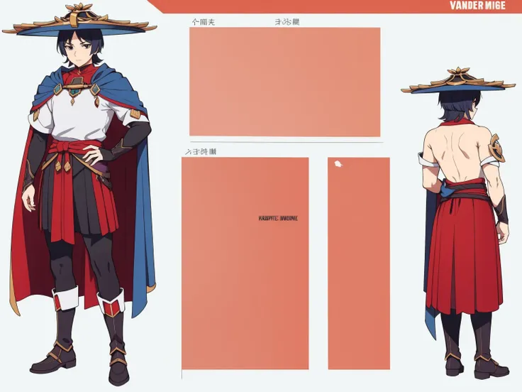 (Back cape)Big hat, Cape, (shiny red Metal armor1.0), Body armor, shoulder pads (shiny red armor:1.0)Sfw, (Wanderer:1.0)Thin, fit, 1boy, solo, male focus, looking at viewer, upper body,  hair, realistic, hat, default clothing, wanderer clothing, (character...