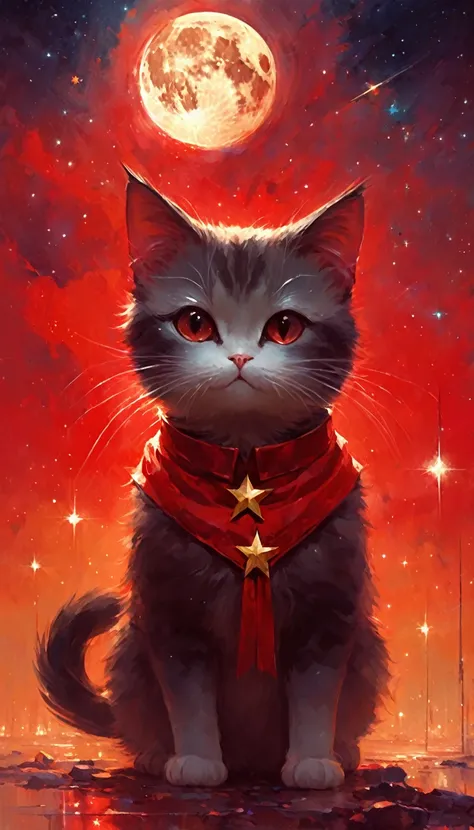 1communist cat, red star, magic, fantastic, night sky, moon, stars, background, (art inspired in Bill Sienkiewicz). oil painting)
