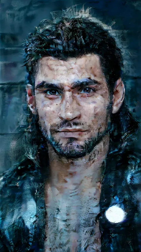 (lifelike, high quality: 1.3), (realistic, hyperrealistic, HD), 8K, Gladiolus: 0.2, strong man with upstyled hair, black hair, scar on forehead, brown eyes, highres, (detailed skin, detailed face), pores: 1.3, portrait, looking straight into the camera