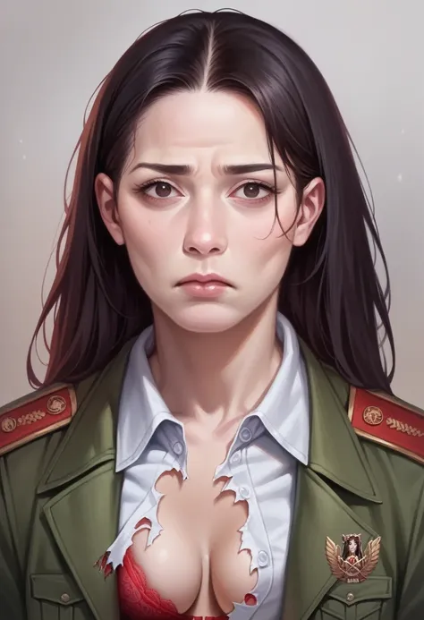 8k, best quality, masterpiece:1.2), (realistic, photo-realistic:1.37), ultra-detailed, North Korean female soldiers wear torn military clothing with open buttons and a red bra visible. torn clothes, sad face, cry face,