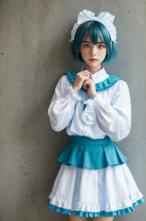 (masterpiece, best quality), 1girl,   1girl, Kogasa Tatara, short teal hair, (heterochromia: blue right eye, red left eye), blue capelet, frills, white long-sleeved shirt, frills, teal skirt, high-waist skirt,