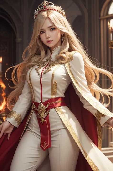 Female character with long beige hair and a silver crown, white blouse with buttons and red cape ,calsa sinsa tipo angelical free fire, sword with dragon decorations surrounding it ff 