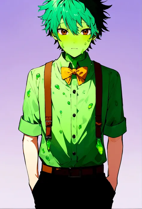 A 17 year old male teenager with a green jelly skin, brown eyes and a blue, green hair, wearing a light green shirt wearing brown straps, and black pants and a yellow bowtie. 