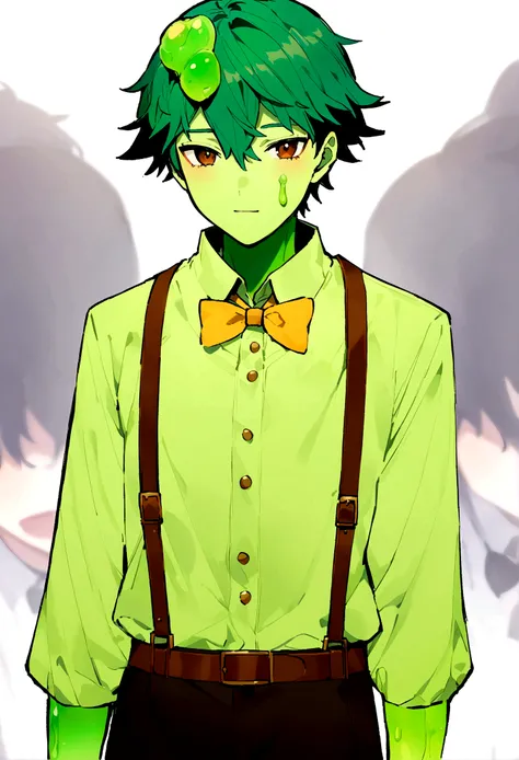 A 17 year old male teenager with a green jelly skin, brown eyes and a blue, green hair, wearing a light green shirt wearing brown straps, and black pants and a yellow bowtie. 