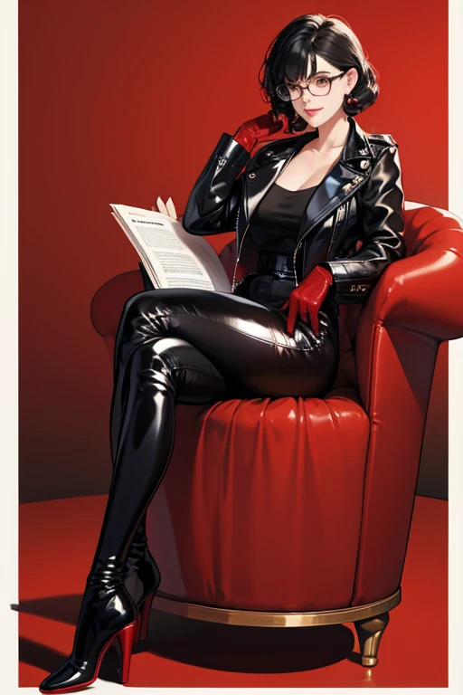 A mature woman with short black hair, a curly hairstyle, and glasses wearing a black leather jacket, black patent leather leggings, red patent leather gloves, and red patent leather knee-high boots