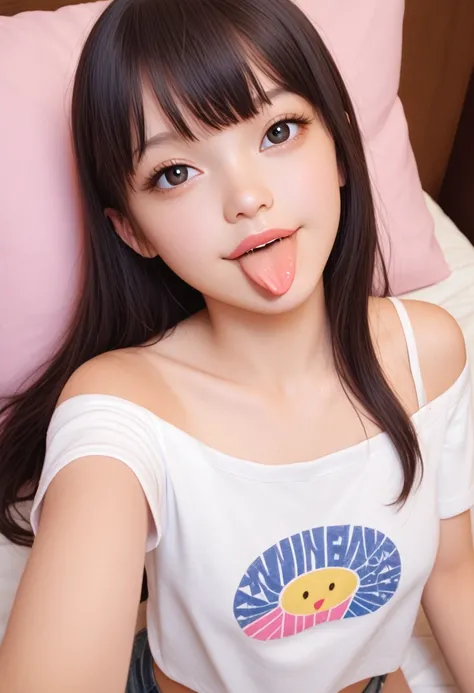 ollarbone,pastel colors t-shirt,off-shoulder look,bare shoulder,midriff peek,micro shorts,open mouth,(tongue out:2),lying,Selfie,looking ahead,from above,front view,cowboy shot,(1girl,Beautiful 14 year old girl),((Slender,Small breasts,Small face,)),lookin...