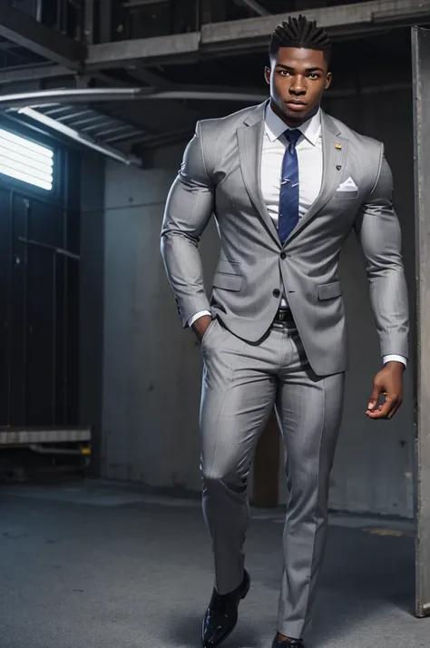 21 year old man from Congo, bulky muscular body, silver cornrow hair, strong, in gray business suit, on football field, heroic pose