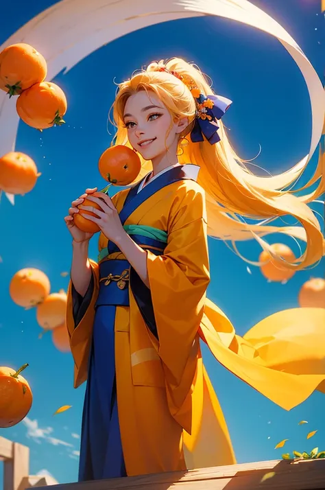 A beautiful smiling woman in a kimono holding a bunch of oranges under a blue sky