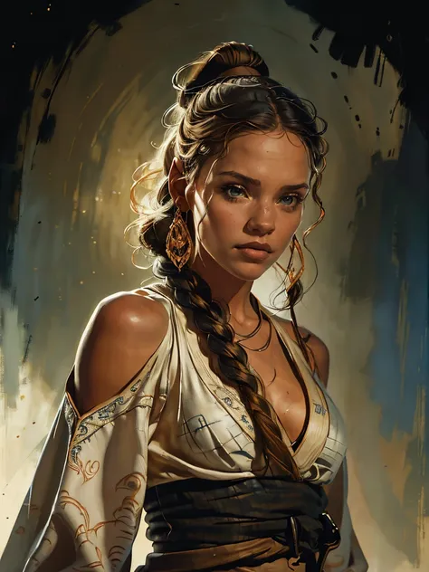 a female obi-wan kenobi jedi based on jenna ortega, star wars, highly detailed cinematic fantasy portrait, black outlining, full...