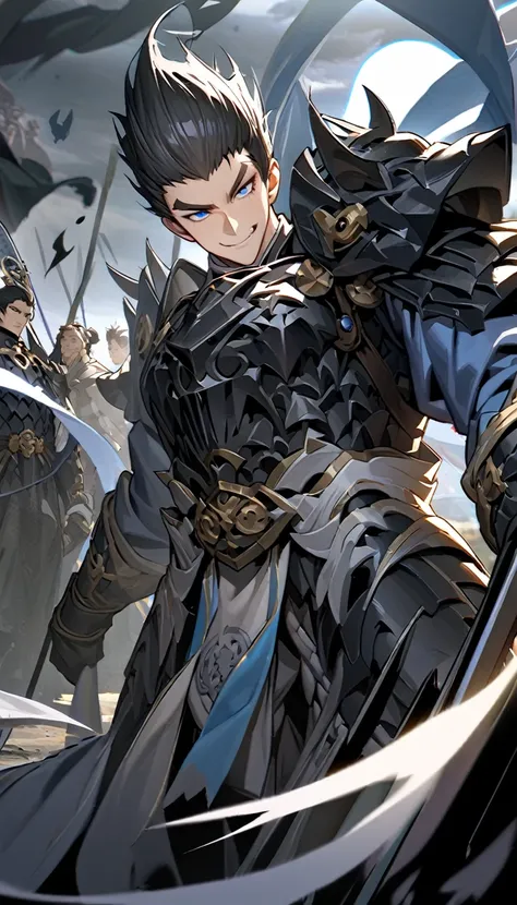 male black shadow ghost knight walking away from a battlefield, shadow, black, A quiet and charming young man, 30 years old, smile, gag, Portrait, Highly detailed face, 寒さとsmile, ((blue eyes)), ((ผมสั้นblack)), [Thick eyebrows], Black Knight Armor (เกราะbl...