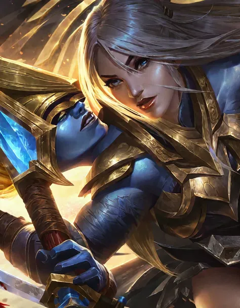 Masterpiece, 4k, angle female warrior, beautiful woman, stabbing an orc with a sword, long blonde hair, halo, blue and gold armor, wings, blood