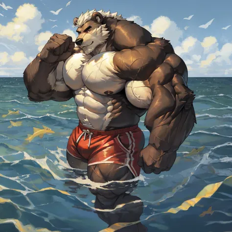 a huge muscular furry polar bear old man swimming in sea, huge shoulder muscle , shirtless, muscle, strong man, huge muscle, huge white fur, short hair, bearded, white hair and beard, wrinkles skinned, black short trunks, strong muscle, strong and intimida...