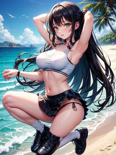 girl 1 piece, cheerful, 18 years, god, big butt, medium breasts, black long hair, green eyes, tight top white, Miniskirt black, white panties, fishnet stockings, High-soled sneakers, day, I see, beach