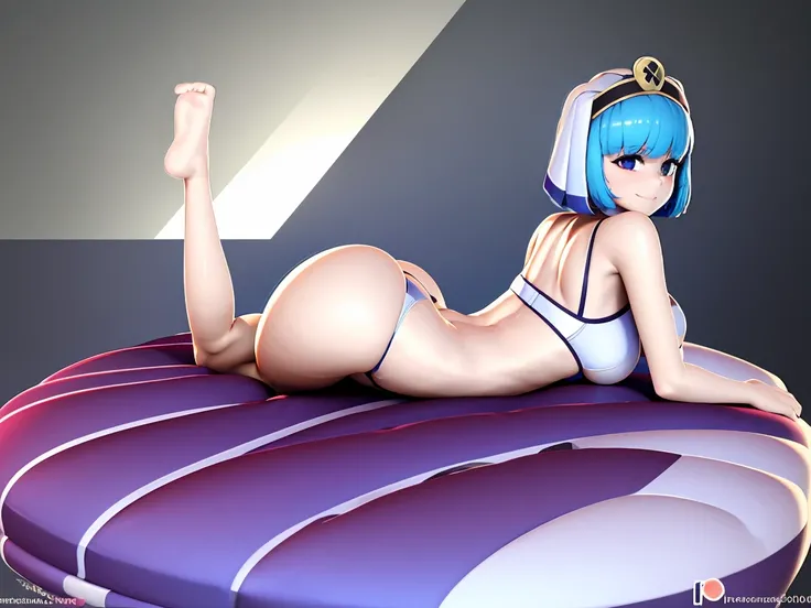 masterpiece, best quality, ultra-detailed, silque, smiling, solo, 1girl, gorgeous, hourglass figure, ass, arched back, swimsuit, looking back at viewer, bikini, water, lying on stomach, white bikini, headdress, thicc, in love