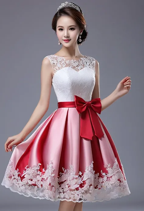 Please design an attractive  beautiful 
woman party dress considering the following parameters:

1. Color: Red, Pink, Blue
2. Length: Short, Midi, Long
3. Fabric: Satin, Silk, Tulle
4. Details: Lace, Bow, Belt
5. Occasion: Wedding, Party, Birthday

The des...