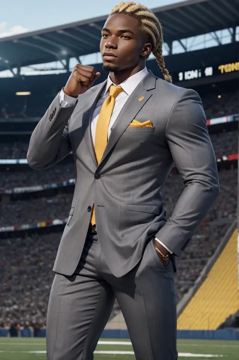 21 year old man from Congo, bulky muscular body, blonde cornrow hair, strong, in gray business suit, on football field, heroic pose