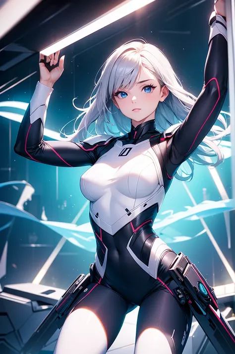 (aesthetic, best quality, masterpiece), 1girl, female focus, mature female, solo, BREAK, bodysuit, zerosuit, spotlight, light shining from above, glass pane