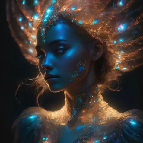 a charming anthropomorphic strong bioluminescent full bodygirl, translucent skin, strong glowing bioluminescent details, ethereal atmospheric lighting, dramatic chiaroscuro lighting, rich color palette, dreamlike fantasy, digital painting, hyperrealistic, ...