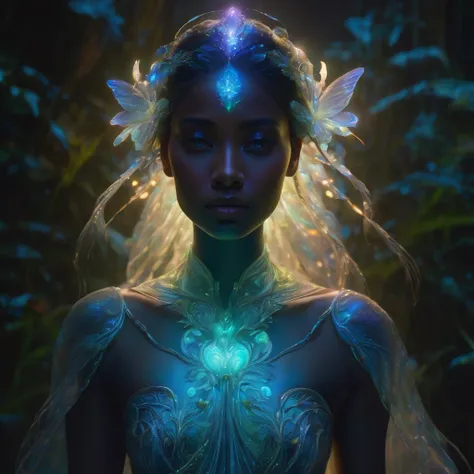 a charming anthropomorphic strong bioluminescent full bodygirl, translucent skin, strong glowing bioluminescent details, ethereal atmospheric lighting, dramatic chiaroscuro lighting, rich color palette, dreamlike fantasy, digital painting, hyperrealistic, ...