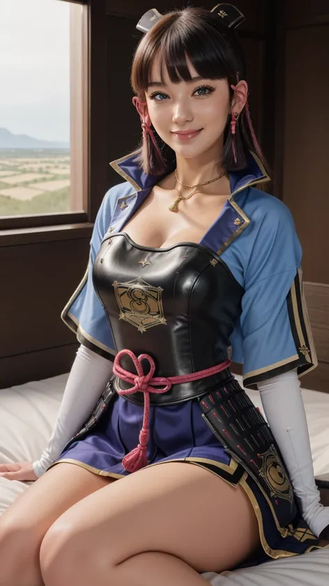 (Kamisatoayakadef), (narrow waist), blushing, official art, detail face, cg, sitting in bed, (expansive landscape photography:1.2),(indoor night), huge breasts,smile, make up, eyeliner, eyeshadow