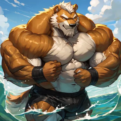 a huge muscular furry polar bear old man swimming in sea, huge shoulder muscle , shirtless, muscle, strong man, huge muscle, huge white fur, short hair, bearded, white hair and beard, white fur, wrinkles skinned, wristbands, black short trunks, strong musc...