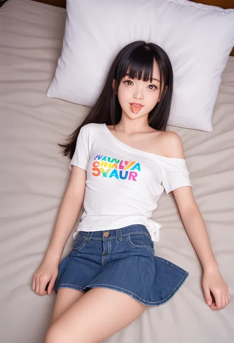 ollarbone,pastel colors t-shirt,off-shoulder look,bare shoulder,midriff peek,Denim mini skirt,open mouth,(tongue out:2),lying,Selfie,looking ahead,from above,front view,cowboy shot,(1girl,Beautiful 14 year old girl),((Slender,Small breasts,Small face,)),lo...