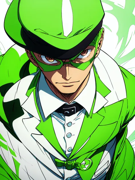 "Create an abstract art image in a monochromatic white and green color scheme, featuring the character Riddler as the focal point. The Riddler should be wearing a green bowler hat and a green blazer with white question marks. He should have dark skin, kink...