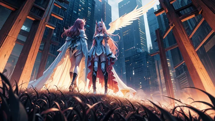 high-angle shots, A beautiful mecha angel lady and an mecha evil devil lady walking side by side, one with long blonde hair in white flowing gown with wings on back of her arms, other has pink red black colored hair wearing cloak and ripped jeans boots and...