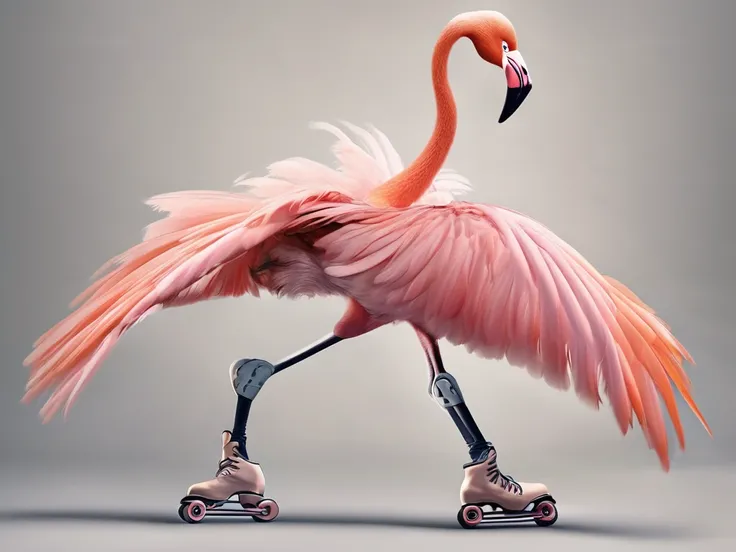 a beautiful flamingo wearing roller skates, on a disco, wings open, jumping in an ballet arabesque pose,