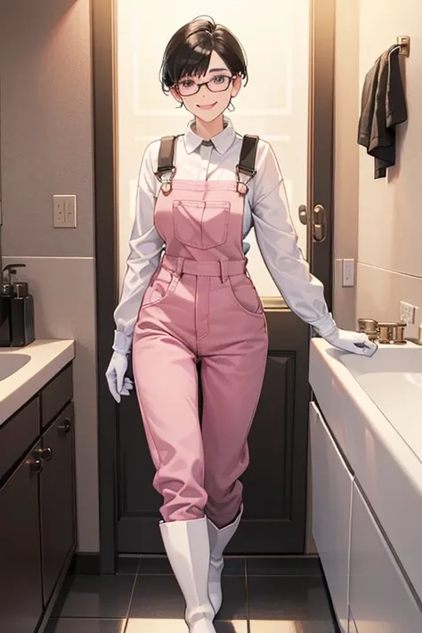 In the bathroom, she had short black hair and was wearing glasses.、A mature woman wearing long-sleeved overalls, large pink rubber gloves, and white rubber boots smiles gently