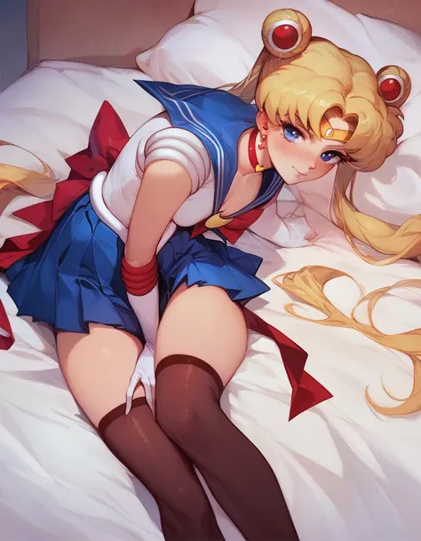 score_9, score_8_up, score_7_up, 

bishoujo_senshi_sailor_moon,super_sailor_moon,tsukino_usagi,pleated_skirt,red_choker,thighhighs

on bed, thighs, hand between thighs, blush, look at viewer, lying