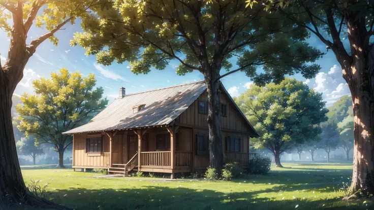 A magical scene of a big tree in the center of an open field with green grasses on a sunny afternoon and birds in the sky migrating. A simple wooden house in the background and a person resting under that tree. captured by Makoto Shink ai, soft color palet...