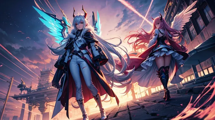 high-angle shots, and fisheye effects. A beautiful mecha angel lady and an mecha evil devil lady walking side by side, one with long blonde hair in white flowing gown with wings on back of her arms, other has pink red black colored hair wearing cloak and r...