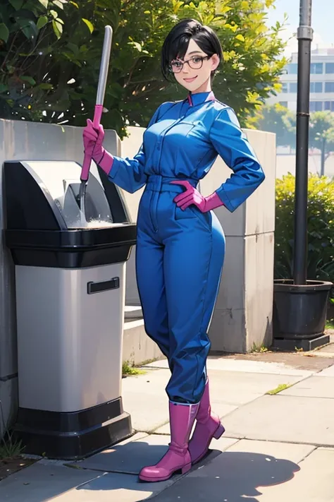 A mature woman with short black hair, a combed hairstyle, glasses and a blue long-sleeved jumpsuit wearing large pink rubber gloves and white rubber boots, smiling gently as she cleans a dirty public toilet in a park