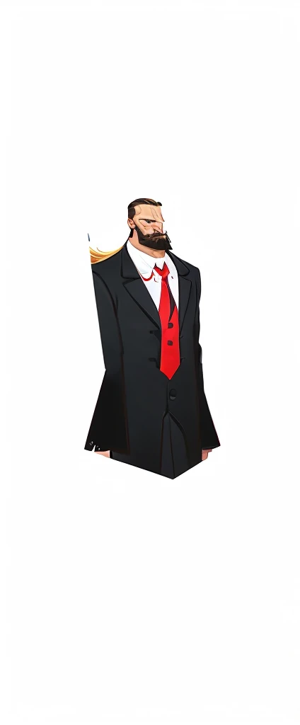 A man with a bushy beard, brunette hair but with a blonde topknot, wearing a black suit with a red tie, style cartoon (cos) - Renan  Souzones 