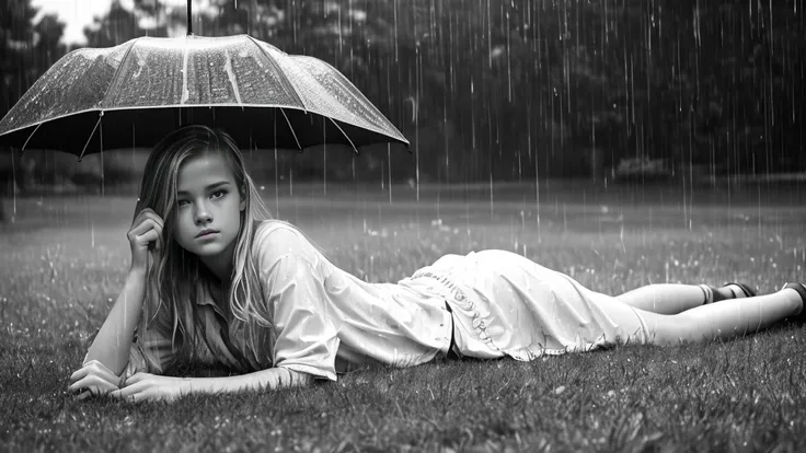 a girl 13yo american blonde laying on the grass in the rain with a b/w magazine, perfect movie shot, raining outside, under rain, from a movie scene, rainy wet, after rain and no girls, rain!!!!, in the rain, rainy outside, very realistic film still, rainy...