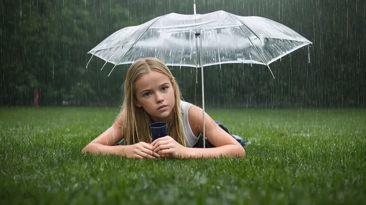 a girl 13yo american blonde laying on the grass in the rain with a b/w magazine, perfect movie shot, raining outside, under rain, from a movie scene, rainy wet, after rain and no girls, rain!!!!, in the rain, rainy outside, very realistic film still, rainy...