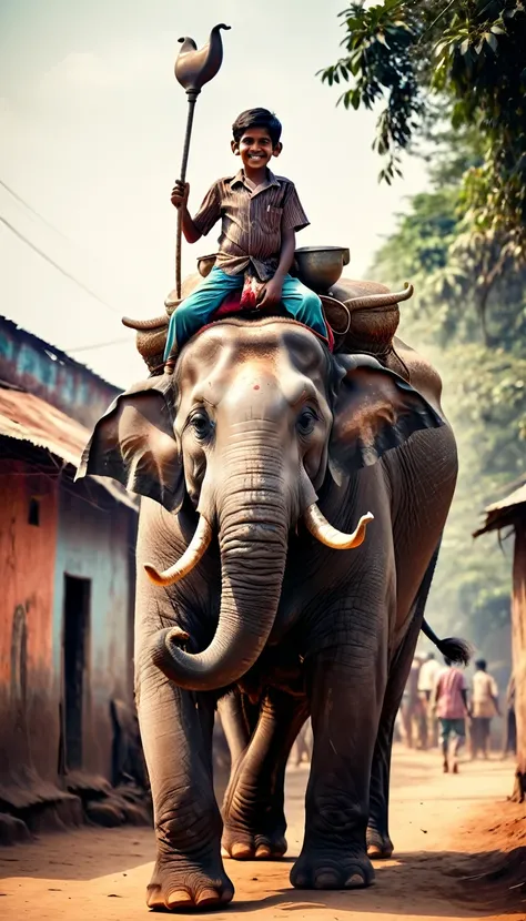 50 years back, indian village, young boy riding a huge elephant size bull, old style photo realistic image, vintage colors, deta...