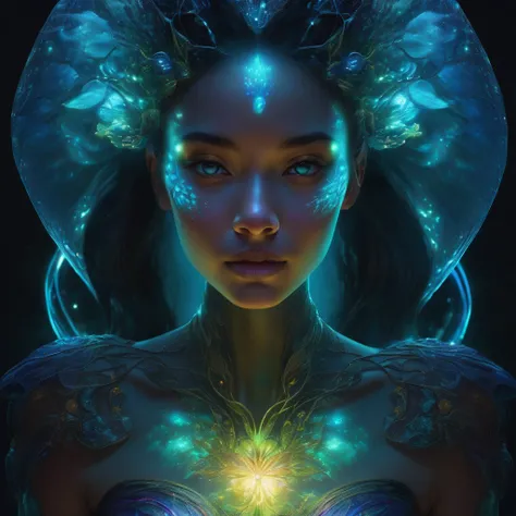 a charming anthropomorphic strong bioluminescent full bodygirl, translucent skin, strong glowing bioluminescent details, ethereal atmospheric lighting, dramatic chiaroscuro lighting, rich color palette, dreamlike fantasy, digital painting, hyperrealistic, ...