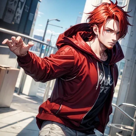 A cool-looking man with messy red hair and a hoodie